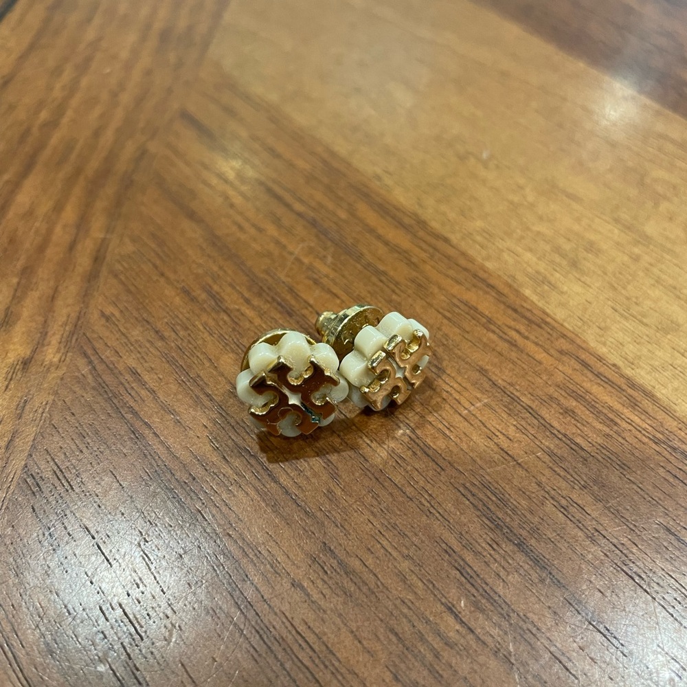 Tory Burch tan and gold stud earrings